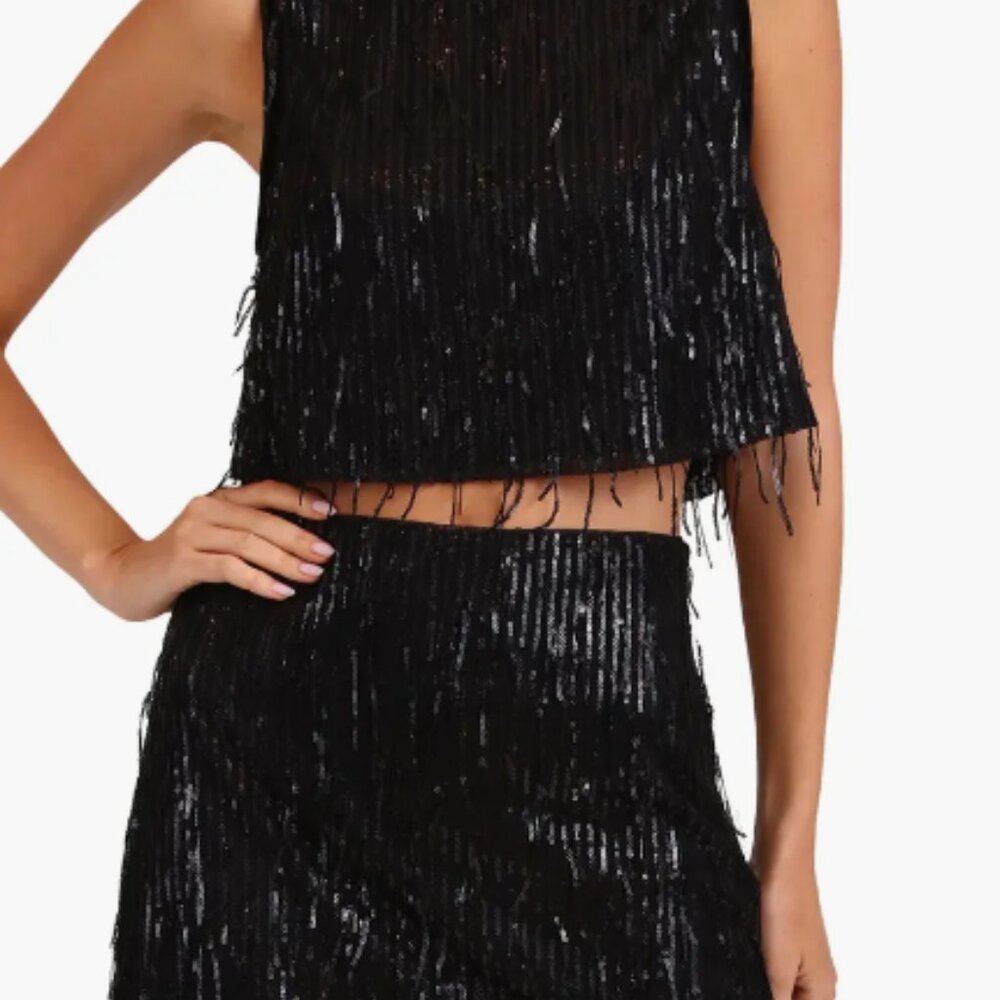 NWT Avec Les Filles Sequin Black & Green 2 Piece Outfit Perfect for NYE Ret $225